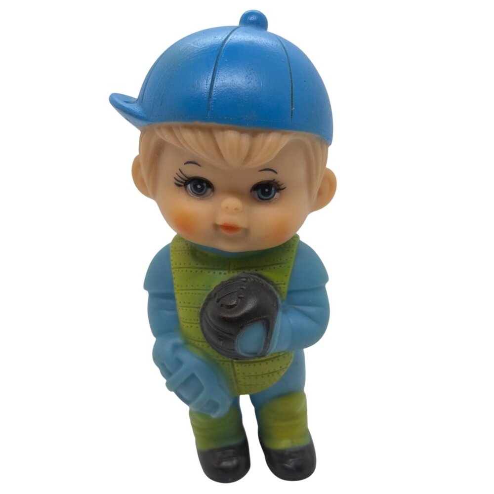 Vintage Baseball Player Figurine Blue Cap & Glove Rubber Squeaker Doll